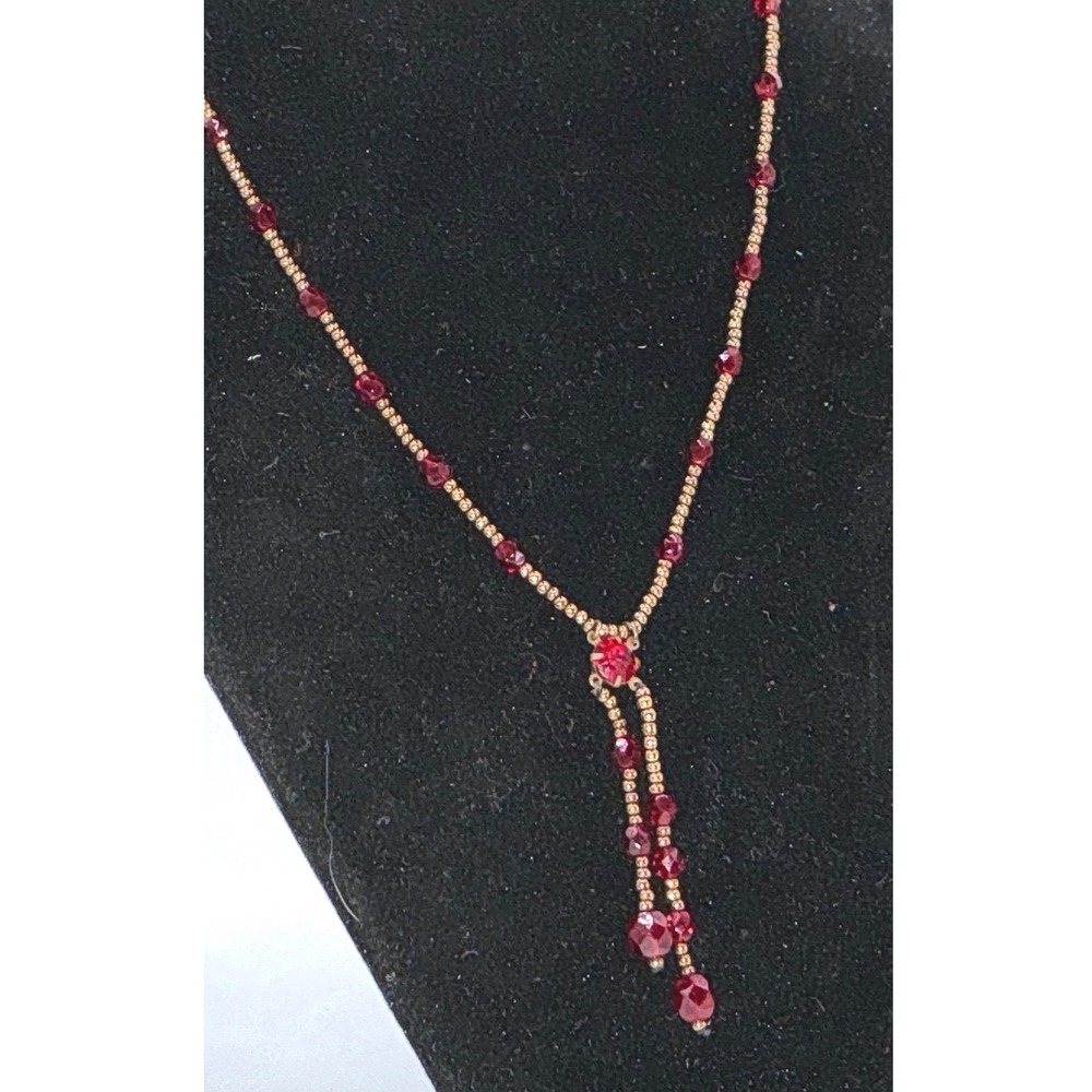 Vintage‎ Red Crystal Beaded Y Necklace Gold Tone Dangle Drop Pendant Valentine